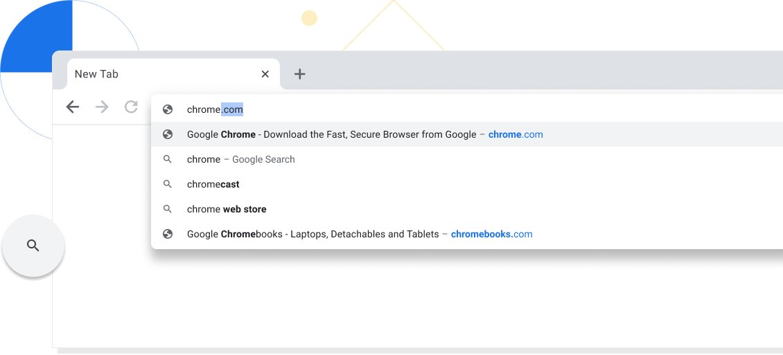 لقطة مُكبَّرة لعلامة تبويب جديدة ضمن نافذة في متصفّح Chrome، مع عبارة chrome.com مكتوبة في شريط البحث