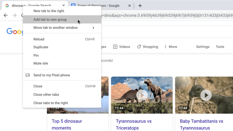 Chrome Browser window with dialogue box showing the creation of a new tab group