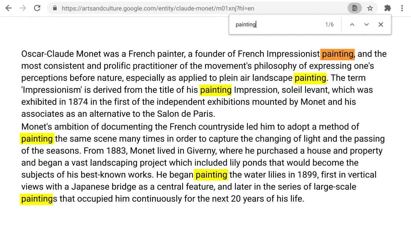 Chrome Browser window open to a web page with the Find function active.