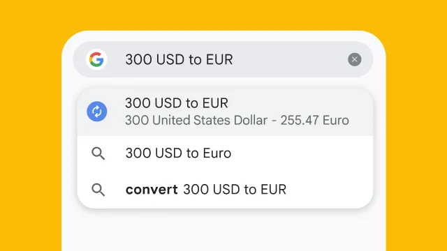 A user typed “300 usd to eur” into Chrome's address bar and it has instantly generated results.